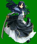  armor armored_dress blue_eyes blue_hair green_background jeanne_(artist) katana long_hair rance_(series) sengoku_rance sword uesugi_kenshin_(rance) weapon 