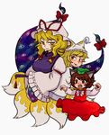  animal_ears blonde_hair brown_eyes brown_hair cat_ears chen eyes fan fox_tail gap hat kty_(04) multiple_girls multiple_tails orange_eyes short_hair tail touhou yakumo_ran yakumo_yukari yellow_eyes 