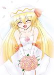  bad_id bad_pixiv_id bare_shoulders blonde_hair blush bouquet bride closed_eyes dress elbow_gloves flower gloves hat lily_white long_hair ryutotoranoikkiuchi smile solo touhou wedding_dress 