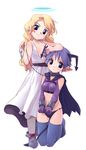  angel angel_and_devil blonde_hair blue_eyes collar copyright_request cuffs demon_girl leash long_hair multiple_girls pointy_ears purple_eyes purple_hair satou_toshiyuki short_hair tail thighhighs 