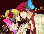  1girl aikabocha bad_id bad_pixiv_id beatrice bow bug butterfly eye_contact face-to-face headphones insect looking_at_another magnet_(vocaloid) necktie parody pink_bow umineko_no_naku_koro_ni ushiromiya_battler vocaloid 