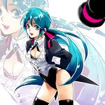 alternate_hairstyle aqua_eyes aqua_hair bad_id bad_pixiv_id breasts cleavage hair_ribbon hat hatsune_miku long_hair magician magician_(module) medium_breasts miracle_paint_(vocaloid) nakajou_akira ponytail project_diva project_diva_(series) ribbon smile solo thighhighs top_hat vocaloid zoom_layer 