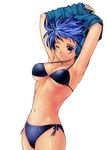  bikini blue_eyes blue_hair copyright_request one_eye_closed satou_toshiyuki short_hair solo swimsuit undressing 