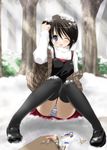  :p black_hair blue_eyes blush dojikko_pose food kanon misaka_shiori mitarashi_kousei one_eye_closed panties pantyshot pantyshot_(sitting) shawl short_hair sitting snow solo striped striped_panties thighhighs tongue tongue_out underwear winter 