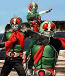  antennae belt gloves helmet kamen_rider kamen_rider_1 kamen_rider_2 kamen_rider_v3 male_focus mask multiple_boys pose red_eyes scarf yusao 