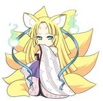  :&lt; animal_ears bad_id bad_pixiv_id bangs bare_shoulders blonde_hair breasts chibi detached_sleeves eyeshadow facial_mark forehead_mark fox_ears fox_tail ghost glowing green_eyes hair_ribbon japanese_clothes kimono large_breasts long_hair long_sleeves looking_at_viewer makeup mame_(dream_crown) multiple_tails no_bra omachi parted_bangs rance_(series) ribbon sengoku_rance solo standing striped tail transparent wide_sleeves 