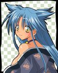  blue_hair blush breasts checkered coupytwo japanese_clothes large_breasts long_hair looking_back no_bra off_shoulder rance_(series) sengoku_rance sideboob smile solo suzume_(rance) yellow_eyes 