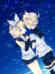  1girl bad_id bad_pixiv_id blonde_hair blue_eyes brother_and_sister closed_eyes hair_ornament hair_ribbon hairclip headphones holding_hands kagamine_len kagamine_rin midriff open_mouth ribbon sailor_collar short_hair shorts siblings suzu_(pixiv434527) twins vocaloid 