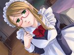  blush breasts brown_hair dutch_angle game_cg ginta glasses green_eyes hairband large_breasts maid pure_x_cure ribbon solo yoshino_mizuki 