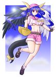  asymmetrical_wings blue_hair breasts dizzy fingerless_gloves gloves guilty_gear medium_breasts picnic_basket pink_sailor_collar pink_shorts red_eyes ribbon sailor_collar shorts solo tail tail_ribbon tsukiyo_tsubaki underboob wings 