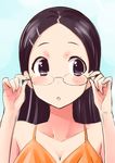  adjusting_eyewear bare_shoulders black_eyes black_hair blush_stickers close-up glasses hair_ornament hairclip hands_up long_hair looking_to_the_side okara parted_lips saitou_kaede_(yama_no_susume) solo swimsuit triangle_mouth yama_no_susume 