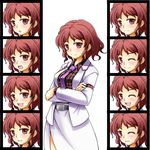  :d :o ;) ;d belt clearfile cross expressions horikawa_raiko inverted_cross mitsudomoe_(shape) one_eye_closed open_mouth plaid plaid_shirt red_eyes red_hair shirt short_hair skirt smile suit_jacket tomoe_(symbol) touhou 
