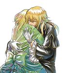  1girl ada_vessalius amarevia blonde_hair bow capelet closed_eyes dress earrings frills gloves hug jewelry long_hair pandora_hearts short_hair simple_background spoilers tears traditional_media vincent_nightray white_background 
