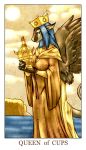  anthro blue_eyes blue_hair bluefire_dragonz_(character) breasts cape card cleavage clothed clothing cloud crown dragon dress feathered_wings feathers female feralise grey_feathers grey_scales hair horn minor_arcana outside queen_of_cups_(tarot) royalty scales sky solo sun tarot_card urn water white_scales wings 