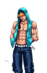  abs bare_shoulders baseball_cap belt braid brown_eyes brown_hair capcom character_name collarbone denim f-15jrs hands_in_pockets hat hood hoodie jeans looking_at_viewer male male_focus muscle navel open_clothes open_hoodie pants simple_background single_braid sleeveless sleeveless_hoodie smile solo standing street_fighter street_fighter_iii white_background wristband yun_lee 