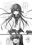 :d alternate_hairstyle blush comic commentary crying crying_with_eyes_open eyebrows_visible_through_hair female_admiral_(kantai_collection) greyscale hair_down inazuma_(kantai_collection) kantai_collection long_hair long_sleeves meitoro monochrome neckerchief open_mouth pleated_skirt school_uniform seiza serafuku sitting skirt smile speech_bubble streaming_tears tears translated 