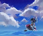  akiyoku blue_sky brown_hair cloud day detached_sleeves deviantart_sample expressionless gohei hakurei_reimu hands_on_own_knees image_sample knees_together reflection sitting sitting_on_water sky solo touhou water 