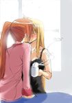  2girls bed blonde_hair blush brown_hair coffee couple cup eyes_closed fate_testarossa kiss layla_(suptomat) long_hair lyrical_nanoha mahou_senki_lyrical_nanoha_force mahou_shoujo_lyrical_nanoha mahou_shoujo_lyrical_nanoha_strikers mahou_shoujo_lyrical_nanoha_vivid mug multiple_girls pajamas ponytail sitting sketch smoke suptomat takamachi_nanoha very_long_hair window yuri 