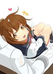  1girl admiral_(kantai_collection) bad_id bad_pixiv_id blush brown_eyes brown_hair commentary_request cursor folded_ponytail gloves hair_ornament hands_clasped heart hinoshita_akame inazuma_(kantai_collection) kantai_collection looking_at_another looking_back looking_up nanodesu_(phrase) open_mouth own_hands_together petting safety_pin school_uniform serafuku short_hair simple_background sitting sitting_on_lap sitting_on_person skirt smile translated white_background 