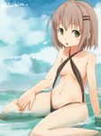  arm_support bad_id bad_pixiv_id blush breasts brown_hair cloud day green_eyes hair_ornament hairclip hinoshita_akame looking_at_viewer open_mouth short_hair sitting sky slingshot_swimsuit solo swimsuit wariza water yama_no_susume yukimura_aoi 