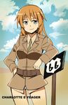  belt blue_eyes blue_sky blush bottomless character_name charlotte_e_yeager cloud collared_shirt day elbow_rest glastonbury1966 hand_on_hip jpeg_artifacts long_hair long_sleeves military military_uniform necktie orange_hair outdoors road_sign route_66 shirt sign sky smile solo strike_witches text_focus uniform world_witches_series 