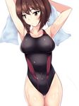 armpits arms_behind_head arms_up ass_visible_through_thighs bad_id bad_pixiv_id black_swimsuit breasts brown_eyes brown_hair closed_mouth competition_swimsuit covered_navel dutch_angle eyebrows_visible_through_hair girls_und_panzer highleg highleg_swimsuit highres holding holding_towel large_breasts light_frown looking_to_the_side nishizumi_maho nksk one-piece_swimsuit short_hair swimsuit thigh_gap towel wet wet_hair white_background 