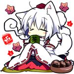  :3 ahoge animal_ears autumn_leaves bare_shoulders character_name chibi closed_eyes detached_sleeves hat hikanyan inubashiri_momiji leaf lowres pom_pom_(clothes) short_hair silver_hair simple_background sitting smile solo tail tokin_hat touhou translated white_background wolf_ears wolf_tail 