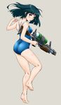  ass barefoot blue_hair brown_eyes competition_school_swimsuit full_body highres himadarou legs long_hair looking_back one-piece_swimsuit original simple_background solo swimsuit water_gun 