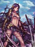  architecture armor banner breasts cloud day dual_wielding east_asian_architecture edenfox gauntlets highres holding japanese_armor katana kusazuri lips long_hair medium_breasts oichi_(sengoku_taisen) petals purple_eyes red_eyes sengoku_taisen shoulder_armor skirt sky sode solo suneate sword weapon 