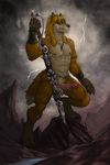  abs badcoyote balls biceps canine erection eyewear faox humanoid_penis jcfox lightning male mammal muscles necklace nude outside penis solo standing sunglasses sword weapon 