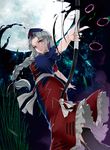  bamboo boots bow_(weapon) braid breasts dress full_moon hat long_braid long_hair medium_breasts moon nanahara_fuyuki nurse_cap silver_eyes silver_hair sky solo star_(sky) starry_sky touhou weapon yagokoro_eirin 