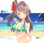  arms_behind_back beach bikini_top blush bow breasts brown_hair character_name copyright_name day flower front-tie_top hair_flower hair_ornament long_hair looking_at_viewer love_live! love_live!_school_idol_project medium_breasts minami_kotori navel no_legs ocean one_side_up polka_dot smile solo yellow_eyes yoo_(tabi_no_shiori) 