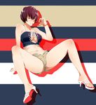  aqua_nails arizuka_(catacombe) arm_support bare_shoulders bracelet breasts brown_hair collarbone food high_heels highres jewelry large_breasts nail_polish navel original pocky purple_eyes short_hair short_shorts shorts sitting solo spread_legs striped striped_background thighs toenail_polish unbuttoned 