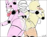  ambiguous_gender animatronic anthro avian bib big_butt bird blush bonnie_(fnaf) bow_tie breasts butt butt_squish chica_(fnaf) chicken dialog duo english_text eyes_closed female five_nights_at_freddy&#039;s lagomorph lsw machine mammal mechanical rabbit red_eyes robot side_boob stuffing text thighs 