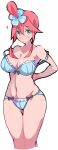  +++ 1girl :o absurdres aqua_eyes arms_behind_back bangs bare_shoulders blue_bra blue_panties blush bow bow_bra bra breasts cleavage creatures_(company) enpe eyebrows_visible_through_hair fuuro_(pokemon) game_freak groin gym_leader hair_between_eyes hair_bun highres large_breasts long_hair navel nintendo panties pokemon pokemon_(game) pokemon_bw red_hair simple_background solo strap_slip thigh_gap thighs underwear white_background 