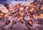  aldnoah.zero armor armored_boots bare_shoulders bodysuit boots breasts cloud cloudy_sky crossover electricity fusion g.haruka gauntlets long_hair mechanical_arm molten_rock orange_hair outdoors red_eyes rock see-through senki_zesshou_symphogear skin_tight sky small_breasts sparkle standing tachibana_hibiki_(symphogear) thigh_boots thighhighs very_long_hair vest 
