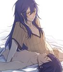  1girl blue_eyes blue_hair breasts cleavage clothed_female_nude_male couple fire_emblem fire_emblem:_kakusei hetero long_hair lucina mark_(fire_emblem) mark_(male)_(fire_emblem) naked_sheet nightgown nude sitting sleeping small_breasts smile tusia v-neck yokozuwari 