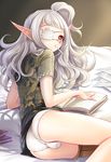  bandages book bulge candy eyepatch food heart heart-shaped_pupils highres kokutou_mimi lollipop long_hair mechanical_leg original otoko_no_ko panties paper pointy_ears reading red_eyes symbol-shaped_pupils underwear white_hair white_panties 