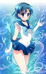  artist_name back_bow bishoujo_senshi_sailor_moon blue blue_background blue_bow blue_choker blue_eyes blue_hair blue_sailor_collar blue_skirt blush bow brooch choker covered_navel earrings elbow_gloves gloves highres hydrokinesis jewelry magical_girl mizuno_ami pleated_skirt ribbon sailor_collar sailor_mercury sailor_senshi_uniform short_hair skirt smile solo star star_choker super_sailor_mercury suzunari_ichigo_(rokkencyaya) tiara water white_gloves 