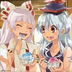  bare_shoulders blue_dress blue_hair bow bowl collarbone colored_tongue dress earrings fujiwara_no_mokou hair_bow hat jewelry kamishirasawa_keine long_hair multiple_girls open_mouth red_eyes shaved_ice shinoasa shirt silver_hair sleeveless sleeveless_dress sleeveless_shirt smile spoon suspenders tongue tongue_out touhou twitter_username upper_body 