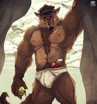  apple beard biceps briefs canine chest_tuft clothing facial_hair fruit fur goatee hat licking licking_lips looking_at_viewer male mammal muscles nipple_piercing nipples piercing police_hat pubes solo standing text tongue tongue_out topless tuft underwear vetrowolf wolf 