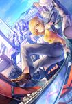  blonde_hair building chainsword etsusa_oohashi magenta_(atyana) orange_eyes sahara_jun short_hair sword weapon 