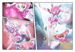 bike_shorts bow comic hair_bow makacoon multiple_girls original pink_eyes pink_hair thighhighs twintails 