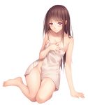  areolae arm_support bare_shoulders barefoot blush brown_hair full_body iki_hiyori long_hair long_legs naked_towel noragami purple_eyes simple_background sitting solo tidsean towel wet white_background 
