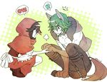  1boy 1girl animal_ears apron big_bad_wolf_(cosplay) big_bad_wolf_(grimm) black_hair blue_eyes boots bow cape claws corset cosplay dress green_hair hisagi-y4 hood kill_la_kill kuma_yuu little_red_riding_hood little_red_riding_hood_(cosplay) little_red_riding_hood_(grimm) matoi_ryuuko red_cape red_dress sanageyama_uzu shirtless tail vest wolf_ears wolf_tail 