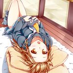  brown_eyes brown_hair carpet crescent cushion failure_penguin fumizuki_(kantai_collection) hug kantai_collection long_hair loose_socks lying nyangorumoa open_mouth socks solo white_neckwear 