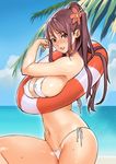  arm_up beach bikini blush breasts commentary_request covered_nipples day inkey innertube large_breasts lifebuoy lips looking_at_viewer ocean palm_tree ponytail red_eyes red_hair shiny shiny_skin side-tie_bikini solo swimsuit tree white_bikini 