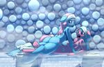  2014 aloe_(mlp) anthro anthrofied blue_eyes blue_fur blush bottomless bra breasts butt clothing cutie_mark duo earth_pony equine female friendship_is_magic fur hair hooves horse lesbian lotus_(mlp) lying mammal my_little_pony nipples nude open_mouth pink_fur pony sammy-upvotes sibling sisters towel underwear 