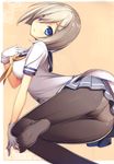  arched_back ass black_legwear blue_eyes crotch_seam from_below gloves hair_ornament hair_over_one_eye hairclip hamakaze_(kantai_collection) hand_on_own_chest head_tilt highres kantai_collection kikuchi_seiji open_mouth panties panties_under_pantyhose pantyhose pleated_skirt scan school_uniform serafuku short_sleeves silver_hair skirt solo underwear white_gloves 