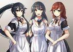  agano_(kantai_collection) alternate_costume apron black_hair braid breasts brown_hair cleavage dress enmaided gloves hand_on_own_chest highres kantai_collection large_breasts long_hair maid multiple_girls noshiro_(kantai_collection) open_mouth plan_(planhaplalan) ponytail red_eyes smile very_long_hair waist_apron white_gloves yahagi_(kantai_collection) 